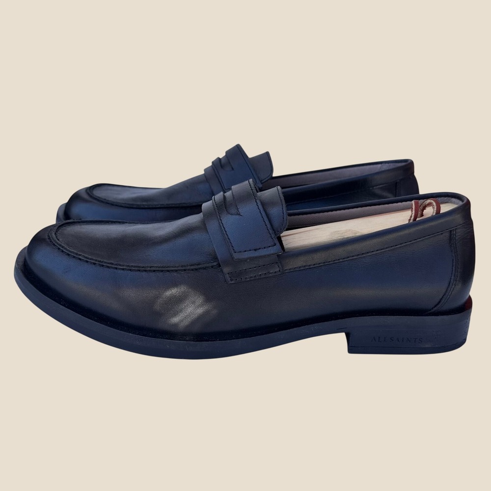 AllSaints Apollo Sam Loafer Black Leather Penny Loafers Mens Size 8 EU 41 M045FC
